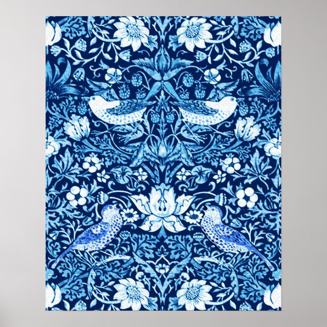 Affiche Tapisserie Art Nouveau Oiseau et Fleur, Bleu foncé (Devant)
