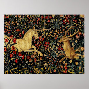 Affiche Tapisserie de jardin floral licorne médiévale de m