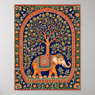 Affiche Tapisserie indienne d'arbre saint et d'éléphant sa