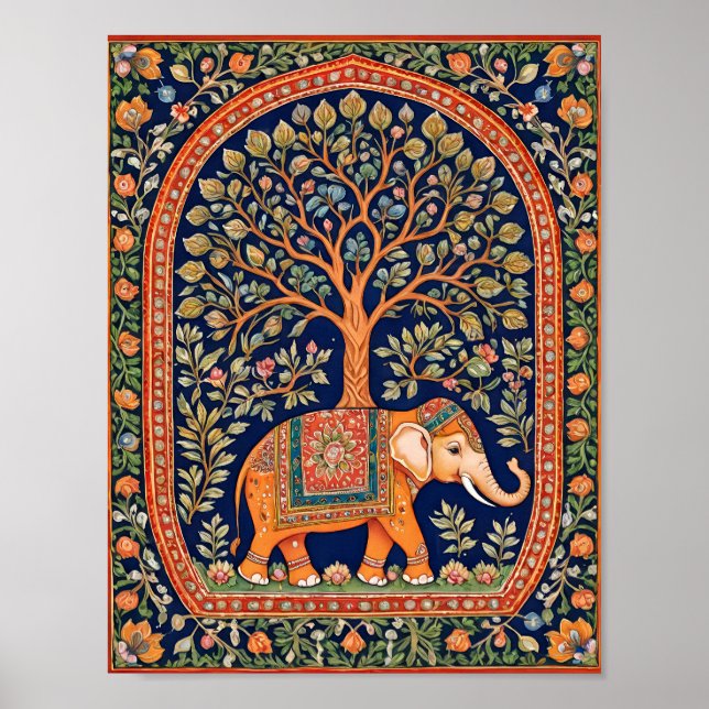 Affiche Tapisserie indienne d'arbre saint et d'éléphant sa (Devant)
