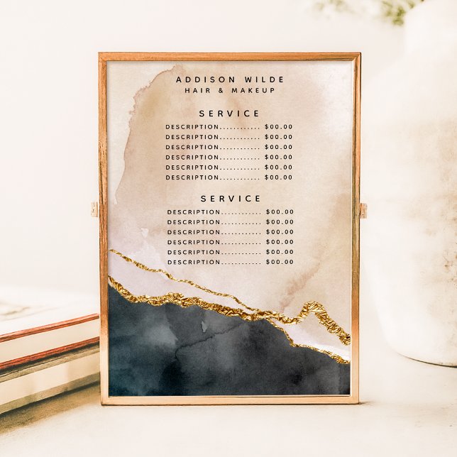 Affiche Tarif de service Marbre Rose Noir Or Aquarelle (Créateur téléchargé)