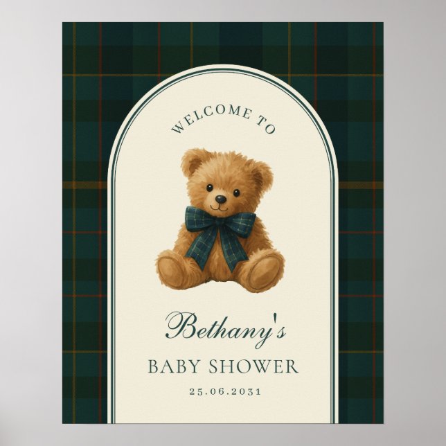 Affiche Tartan Check Teddy Bear Baby Shower Welcome (Devant)
