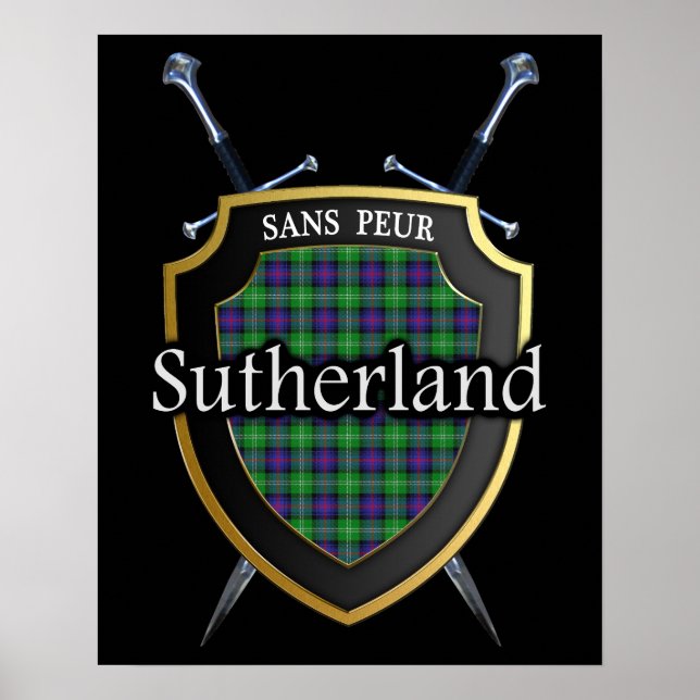Affiche Tartan Clan Sutherland Écossais Bouclier & Épées (Devant)