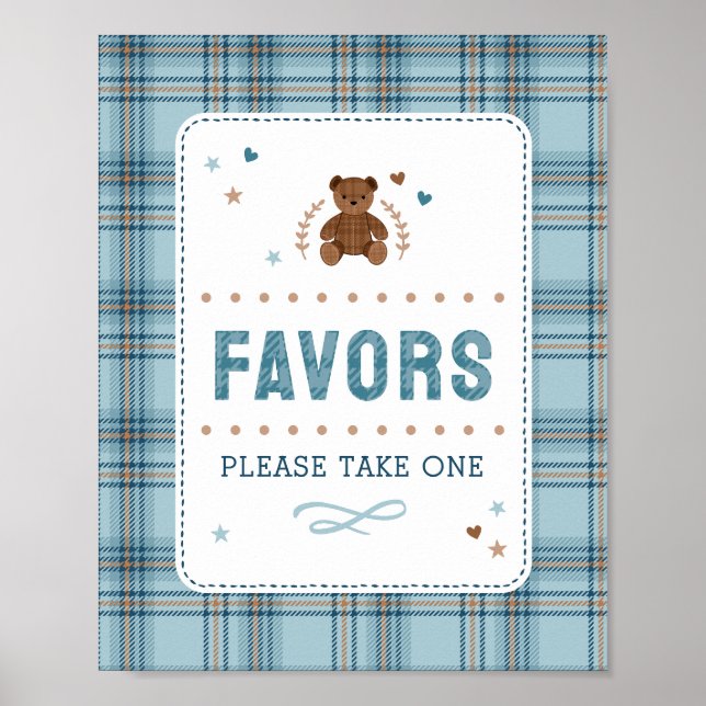 Affiche Tartan Teddy Bear, Baby Boy Shower FAVOR SIGN (Devant)