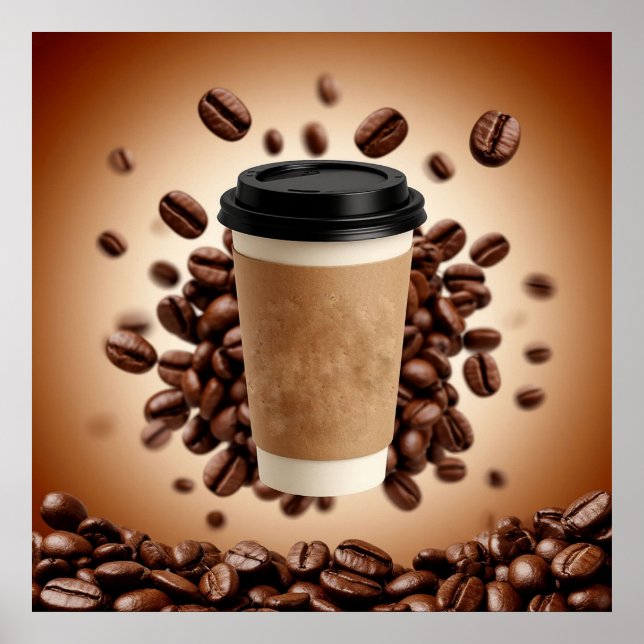 Affiche Tasse de café flottante avec grains de café (Devant)