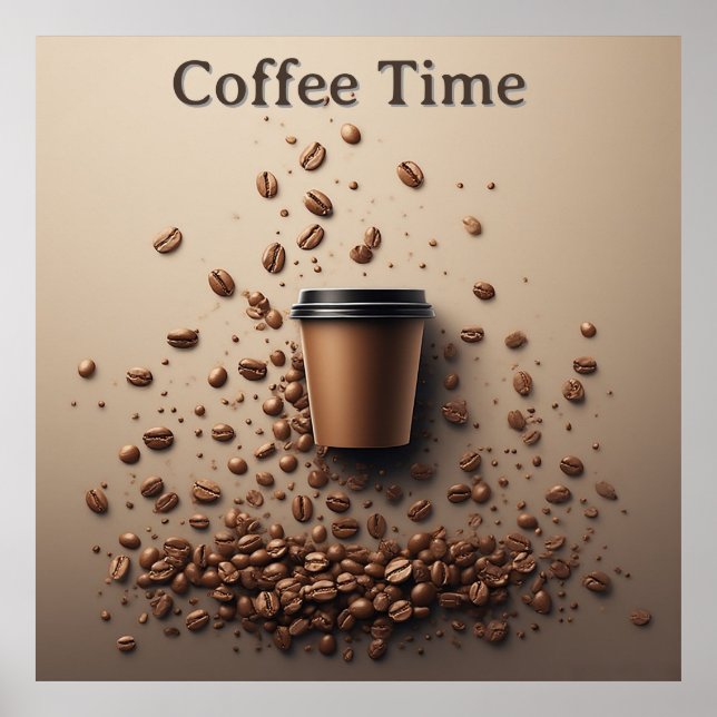 Affiche Tasse de café flottante avec grains de café (Devant)