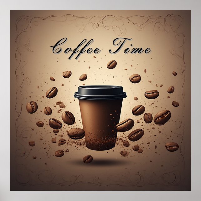Affiche Tasse de café flottante avec grains de café (Devant)