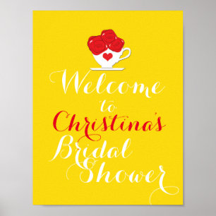 Affiche Tasse de thé Roses rouges Jaune Bienvenue à la fêt