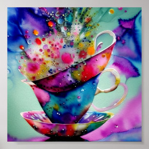 Affiche Tasses à thé éclaboussées d'aquarelle