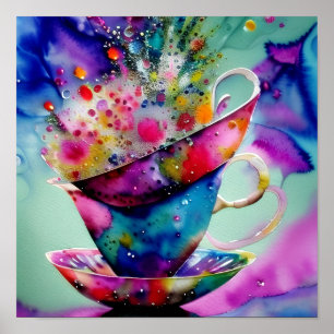 Affiche Tasses à thé éclaboussées d'aquarelle