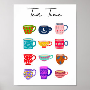 Affiche Tasses aquarelles lumineuses de l'heure du thé Cui
