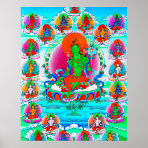 Affiche Tatouage cool oriental tibétain thangka vert Tara