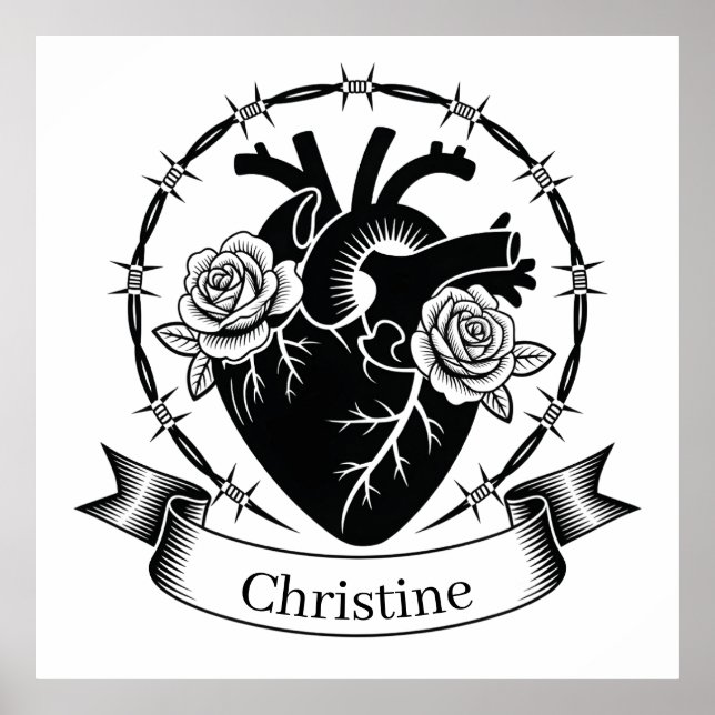 Affiche Tatouage de cœur anatomique : Conception en noir e (Devant)