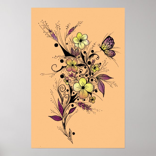Affiche Tatouage de fleur en jaune et violet (Devant)
