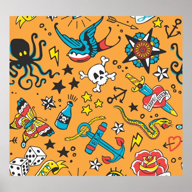 Affiche Tatouage de l'ancienne école : mignon sans couture (Devant)