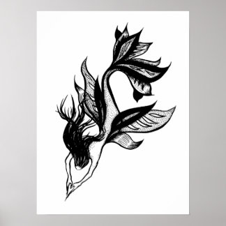 Affiche Tatouage de sirène style brosse dessin d'encre omb
