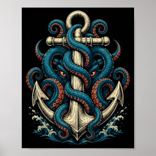 Affiche Tatouage nautique ancre kraken sombre