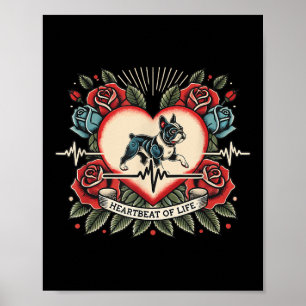 Affiche Tatouage Rétro De Bulldog Français Avec Rose