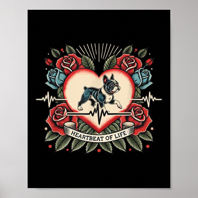 Affiche Tatouage Rétro De Bulldog Français Avec Rose (Devant)