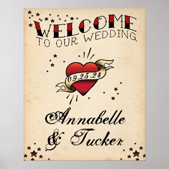 Affiche Tatouage vintage Bienvenue à notre panneau Mariage (Devant)