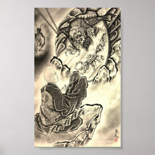 Affiche tatouage vintage de moine démon japonais