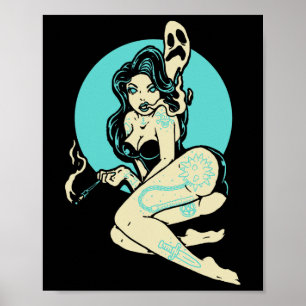 Affiche Tatoué Goth Pin-up Girl Horror Ghost Moon Rockab