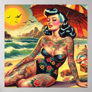 Affiche Tattoo Beach Pin-up