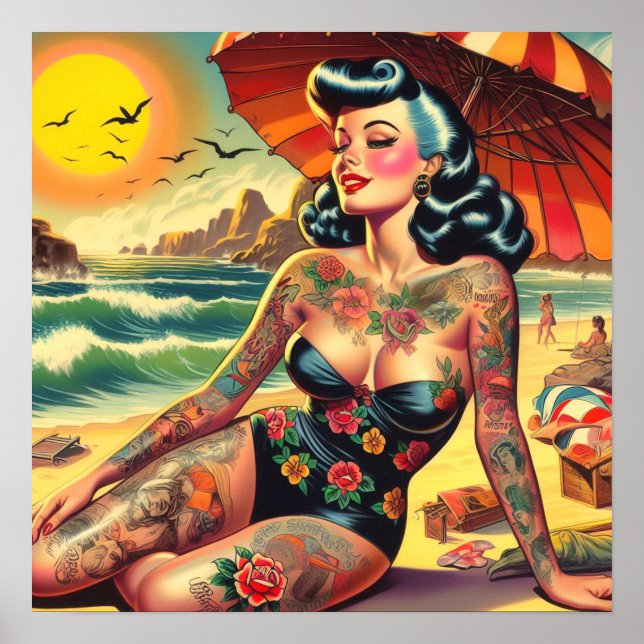 Affiche Tattoo Beach Pin-up (Devant)