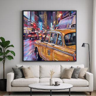 Affiche Taxi Cab Nuit Ville - Style Impressionniste