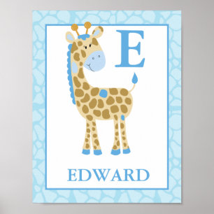 AFFICHE {TBA} JUNGLE GIRAFFE BLUE BOY CUSTOM NAME PRINT
