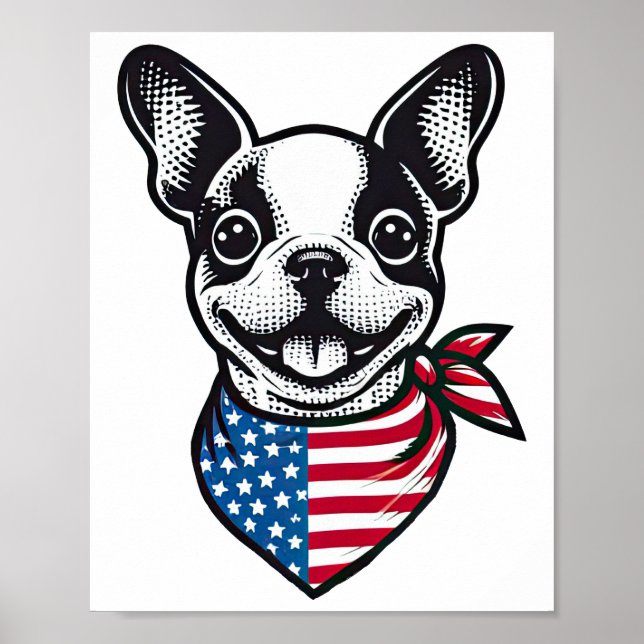 Affiche Tchiot Boston Terrier Bandana Drapeau Américain Pa (Devant)