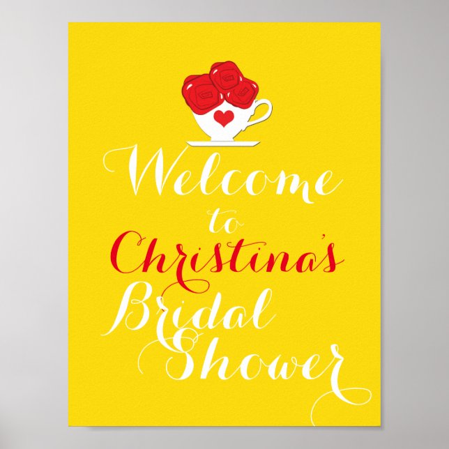 Affiche Tea Cup Red Roses Jaune Party Welcome Table Sign (Devant)