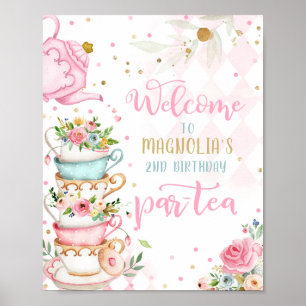 Affiche Tea Party Anniversaire Fille Rose & Or Floral Par