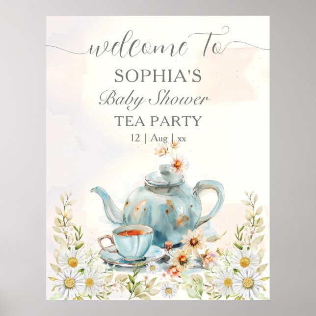 Affiche Tea Party Aquarelle Teapot Baby shower garçon (Devant)