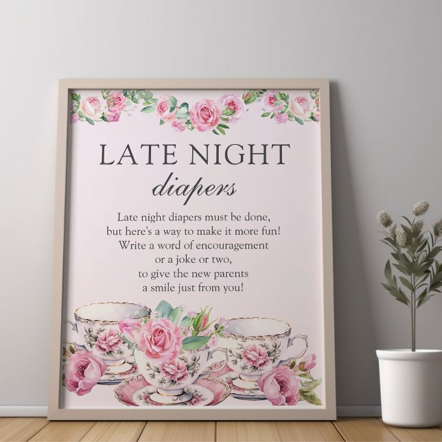 Affiche Tea Party Baby shower Diapers tard dans la nuit (Late Night Diapers baby shower game poster from my Vintage Tea Party Baby Shower Collection)