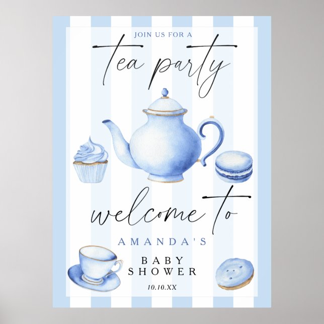 Affiche Tea Party Bienvenue garçon baby shower fête (Devant)