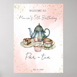 Affiche Tea party bleu rose aquarelle anniversaire bienven