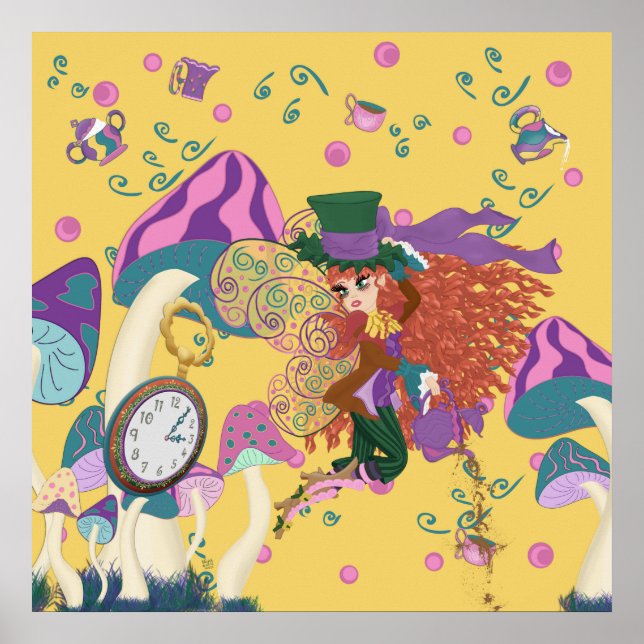 Affiche Tea Party Fairy, Vintage Watch et champignons (Devant)