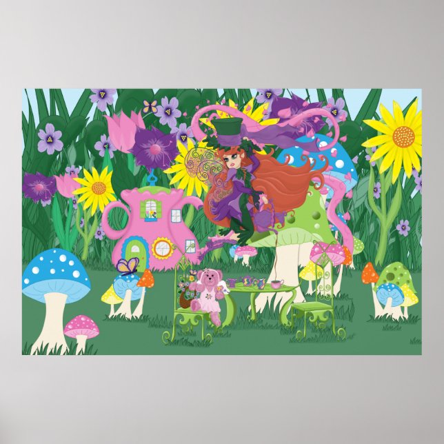 Affiche Tea Party Fairy, Vintage Watch et champignons (Devant)