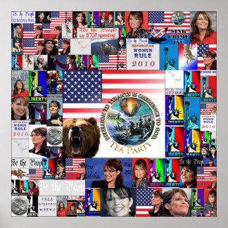 Affiche TEA party Grizzly Bear Drapeau Sarah Palin collage