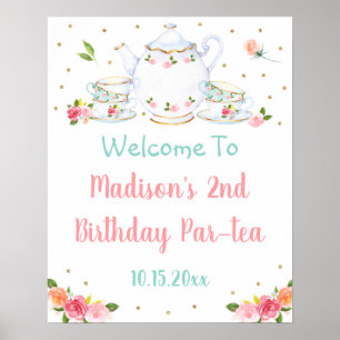 Affiche Tea Party or rose Floral Anniversaire Bienvenue