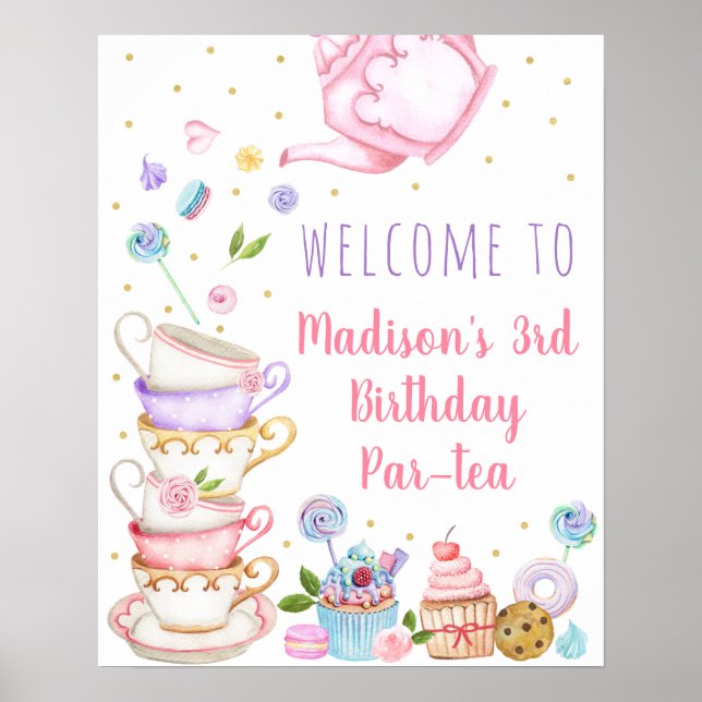 Affiche Tea Party Rose Floral Anniversaire Bienvenue (Devant)
