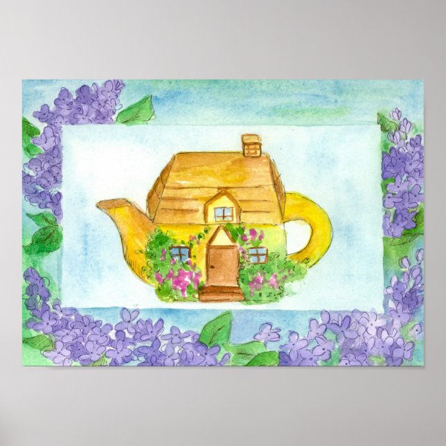 Affiche Tea Time Teapot Lilac Aquarelle Fleurs Cottage (Devant)