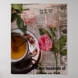 Affiche Tea vieux papier manuscrit et roses roses roses