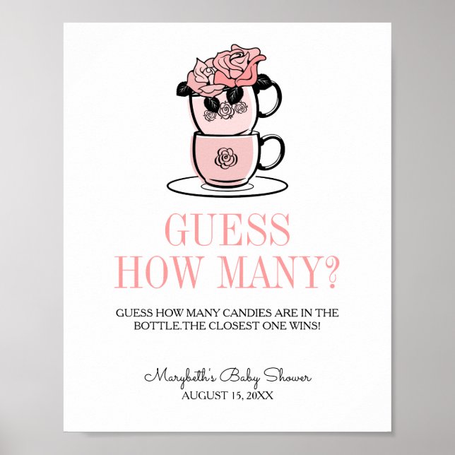 Affiche Teacup & Fleurs Baby shower Devinez Combien De Jeu (Devant)