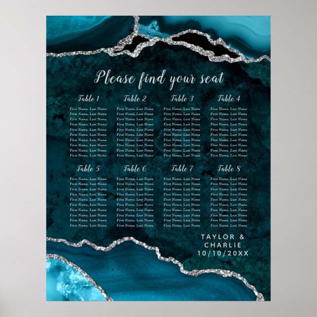 Affiche Teal and Silver Agate Wedding Seating Chart (Devant)