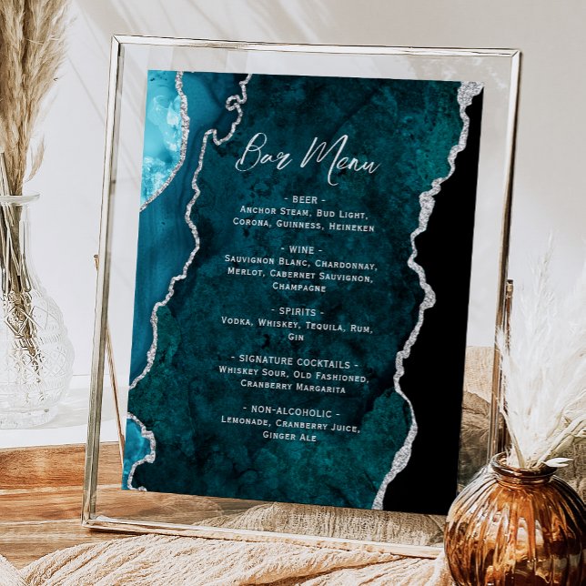 Affiche Teal Blue Silver Agate Script Wedding Bar Menu  (Créateur téléchargé)