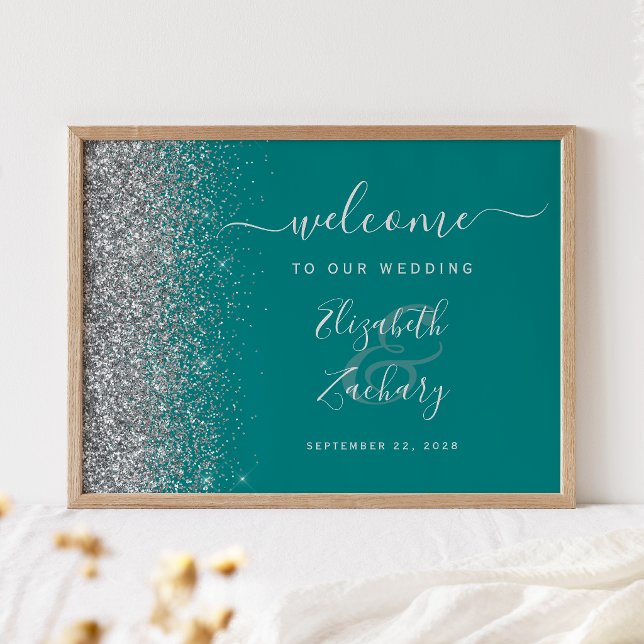 Affiche Teal Blue Silver Glitter Wedding Welcome Sign (Créateur téléchargé)