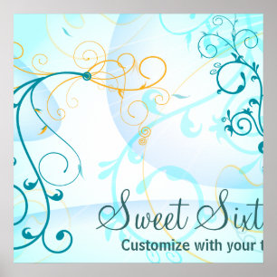 Affiche Teal Blue Swirls Sweet Sixteen Birthday Banner