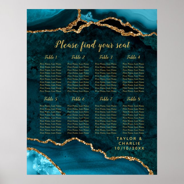 Affiche Teal Gold Agate Wedding Seating Chart 8 Table (Devant)